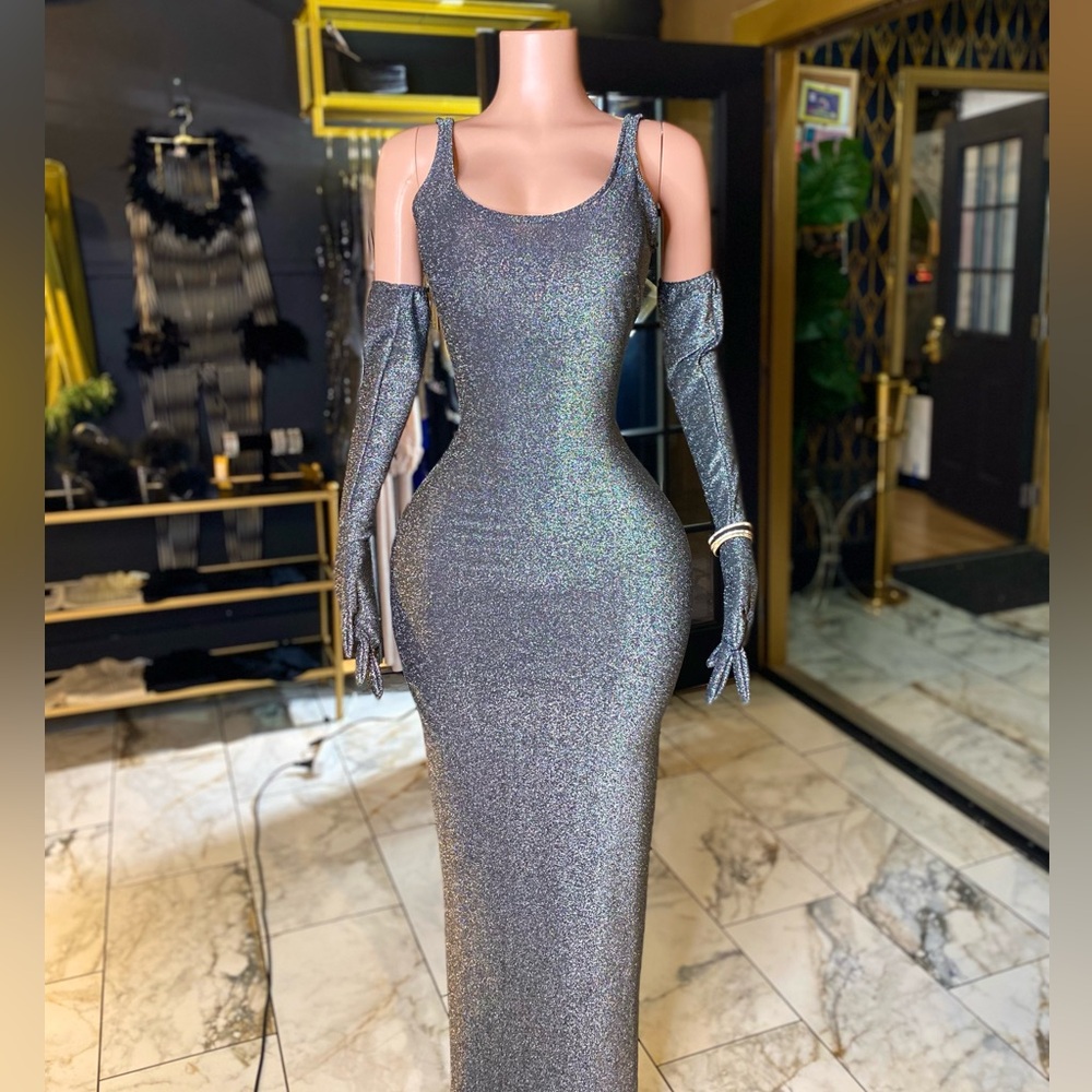 Metallic Maxi Evening Dress with Glove Sleeves
